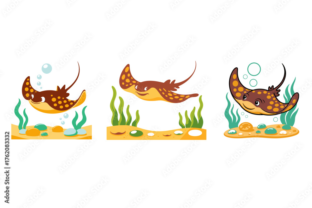 Fototapeta premium Adorable Cartoon Stingrays in Their Aquatic Habitat A Delightful Underwater Scene with Bubbles and Plants for Design and Fun