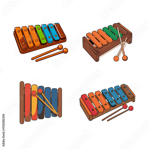 Set of colorful xylophones with mallets Musical instruments illustrations for educational purposes, music lessons, or design projects