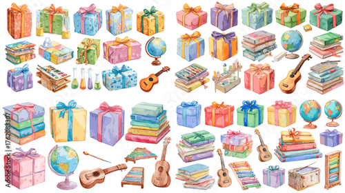 Watercolor illustration of school-themed gifts, books, globes, guitars, and laboratory flasks — perfect for teacher appreciation, education design, and back-to-school projects.