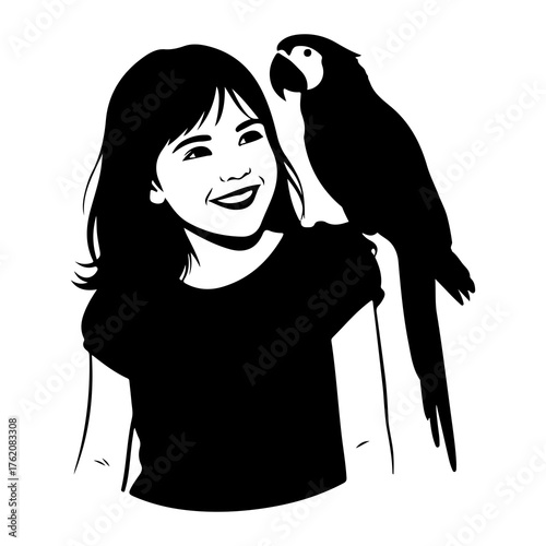Girl with parrot on shoulder bird black and white