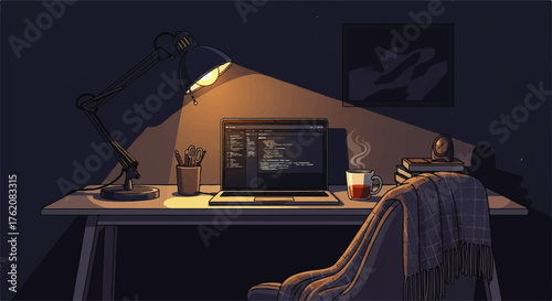 Cozy Home Office Setup A Laptop, Lamp, and Comfort for Focused Work Sessions