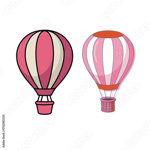 Two pink and white striped hot air balloons with woven baskets, set against a plain background, ideal for travel and adventure themes