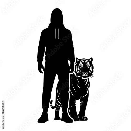 Hooded figure with tiger silhouette person