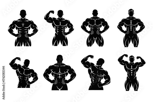 Set of isolated black vector silhouettes of muscular bodybuilders in various classic flexing poses, ideal for gym logos and fitness emblems