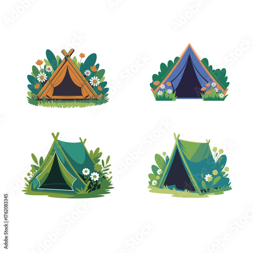 Vibrant illustrated camping tents, adorned with wildflowers and lush plants, ideal for nature adventures, outdoor leisure, and serene summer escapes, perfect for creative design projects