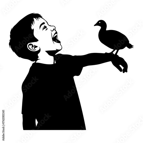 Joyful boy with bird on arm silhouette black and white