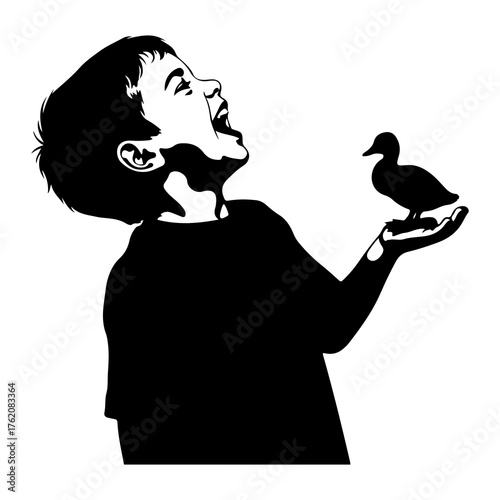 Joyful boy with duckling on hand child silhouette