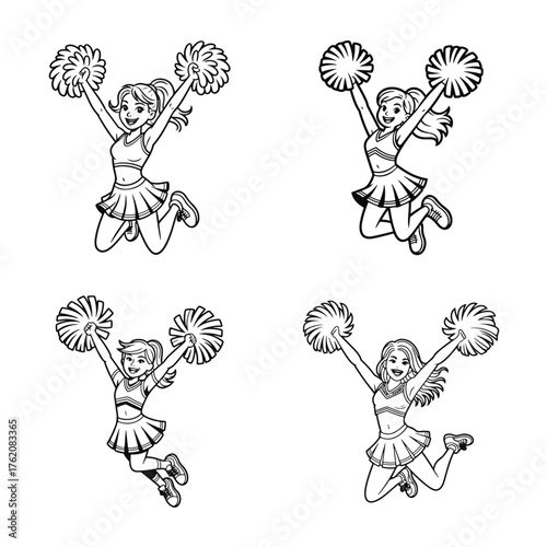 Collection of spirited black and white line art illustrations featuring joyful cheerleaders dynamically jumping with pom-poms, capturing energetic celebration and team enthusiasm for sports events