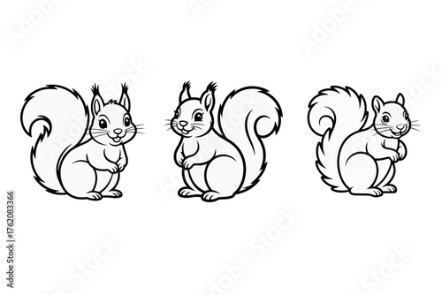 Three cute black and white outline squirrel illustrations, each with a fluffy tail and distinct pose, suitable for nature-themed projects, education, and children's art