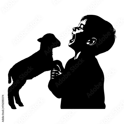 Joyful child embraces playful lamb silhouette black and white