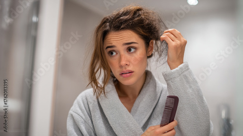 Woman in robe looking at tangled hair in mirror holding comb with concerned expression on face