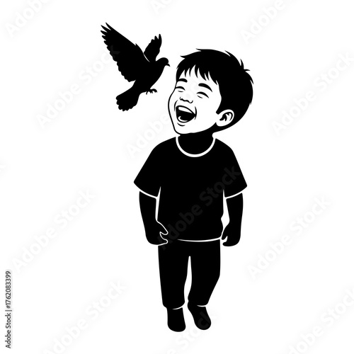 Joyful child laughing with bird flying laughter