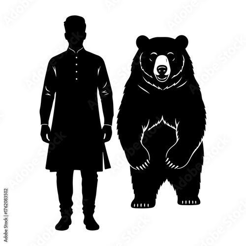 Man and bear silhouettes standing black and white