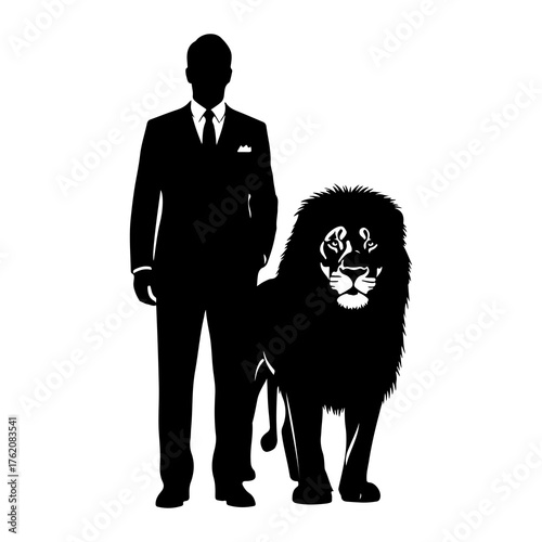 Man and lion silhouette black white