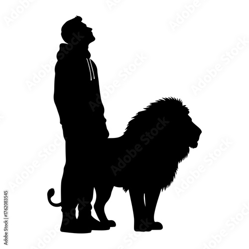 Man and lion silhouettes standing looking up