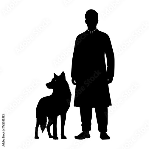 Man and wolf standing together silhouette black