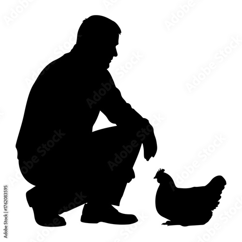 Man crouching near chicken silhouette bird