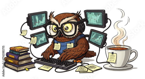 Wise owl financial analyst diligently working in a home office, studying market data on multiple screens, with books and coffee, embodying digital trading focus