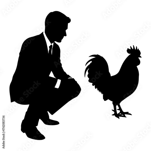 Man in suit observing rooster silhouette crouching