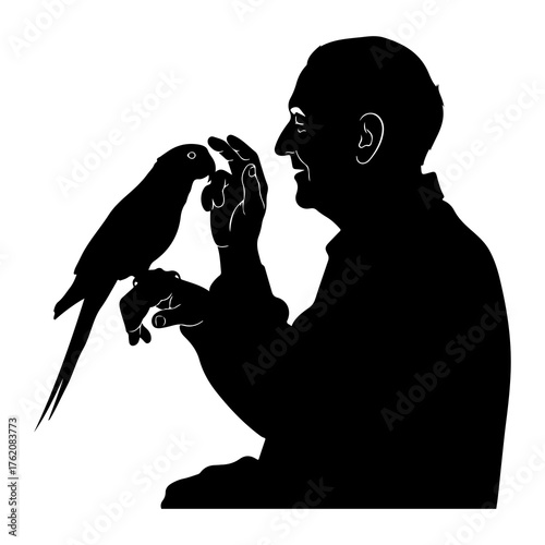 Man interacting with parrot silhouette bird