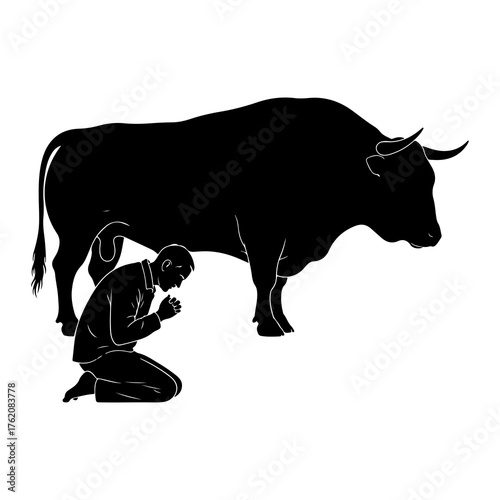 Man kneeling before bull praying devotion