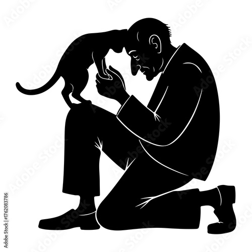 Man kneeling with cat touching heads silhouette