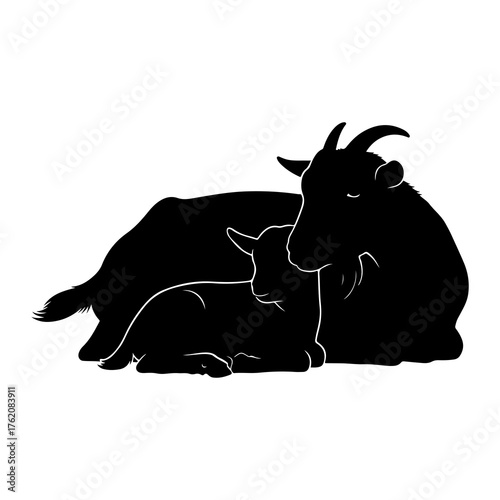 Mother goat with kid resting animal silhouette