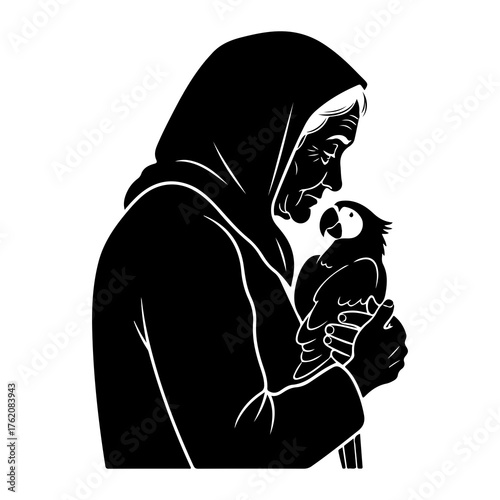 Old woman holding a parrot bird black and white