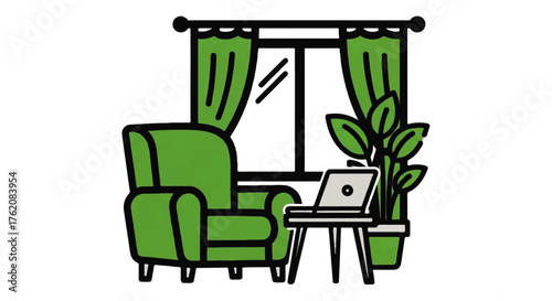 Minimalist icon of a comfortable workspace at home featuring a green armchair, laptop on a table, and a potted plant for a serene remote work environment