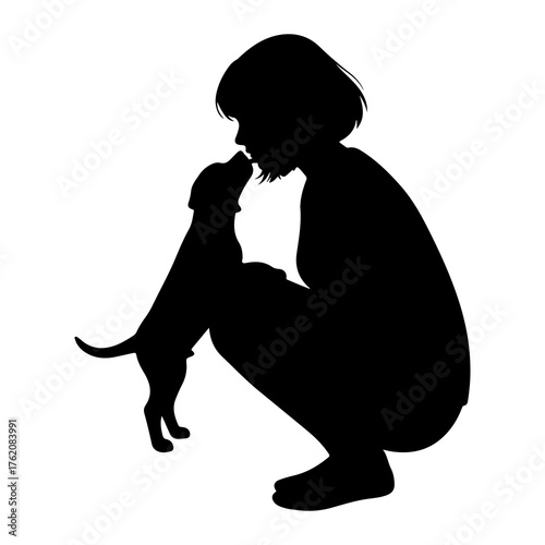 Person and puppy interaction silhouette vector
