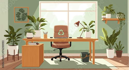 Stylish and productive home office setup surrounded by lush green plants and natural light, ideal for remote work and eco-conscious living