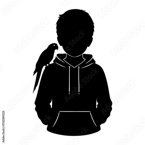Silhouette boy with parrot on shoulder bird