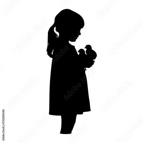 Silhouette girl holding baby birds child