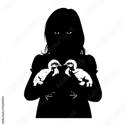 Silhouette girl holding baby chicks child birds