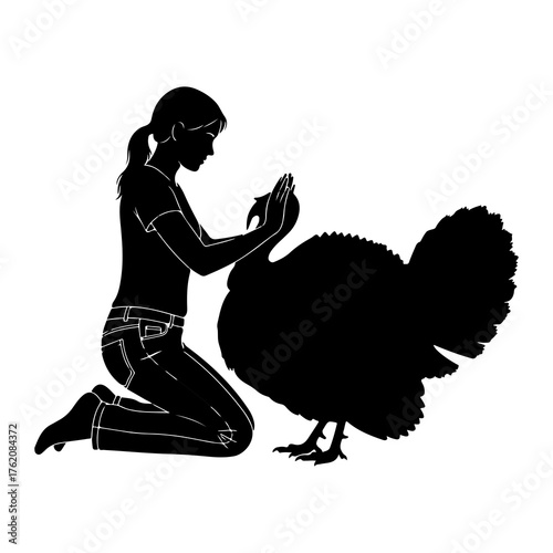 Silhouette girl praying with turkey bird