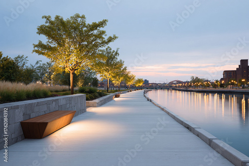 Scenic riverside promenade at dusk, featuring modern benches, illuminated trees, and serene water reflections. Peaceful urban landscape, perfect for relaxation or contemplation.