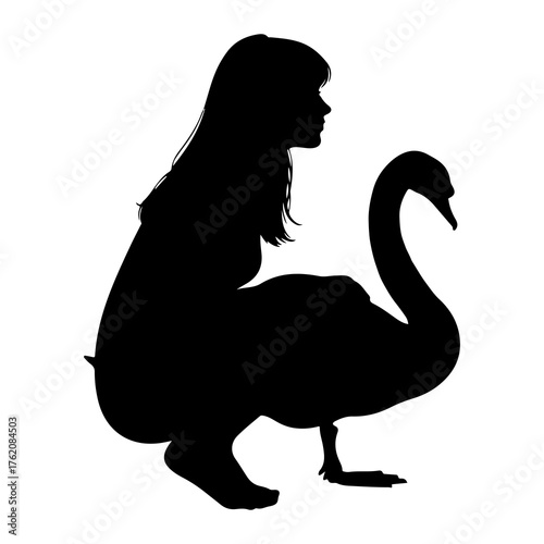 Silhouette woman crouching with swan girl sitting
