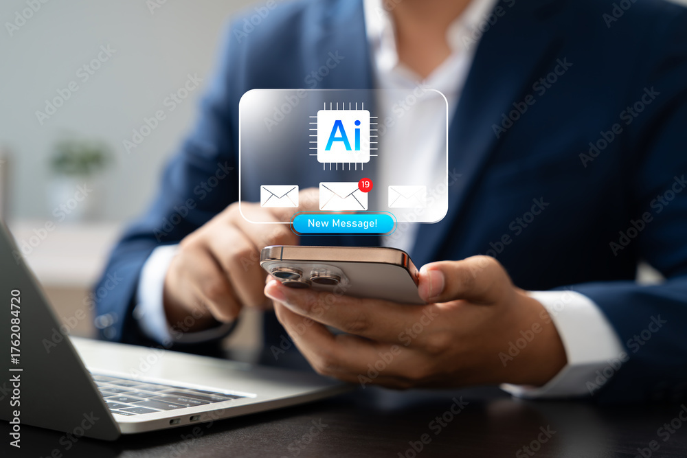 Fototapeta premium AI message notification concept with new email alert on smartphone. Businessman using AI to write, send, and read emails for smart communication, instant updates, and digital connectivity.