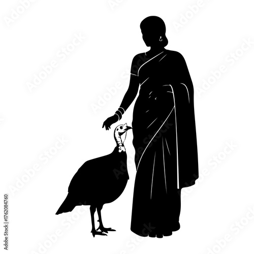 Woman feeding turkey silhouette bird