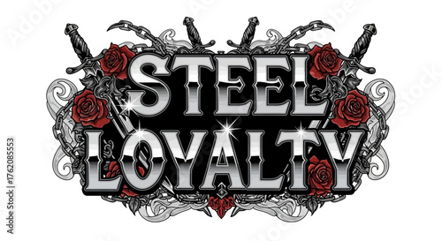 Bold steel loyalty design with roses and swords, perfect for tattoo shops, biker gangs, and edgy brands seeking a strong and memorable emblem