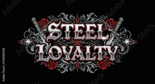 Showcase unwavering commitment with this steel loyalty emblem, perfect for branding, tattoos, or edgy designs expressing devotion and strength with roses.