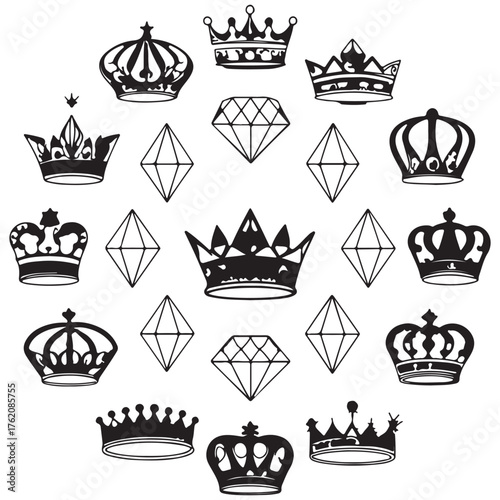 Elegant crowns and diamonds pattern isolated on white background featuring various royal symbols in a circular and decorative arrangement