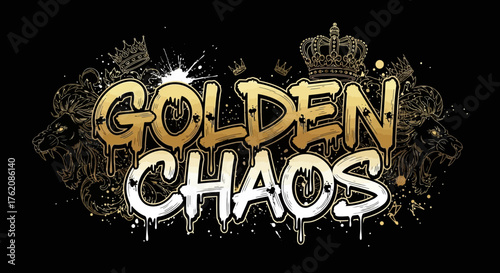 Bold golden chaos design featuring majestic lions and crowns, perfect for edgy branding, music artwork, or streetwear graphics, capturing attention with its unique style