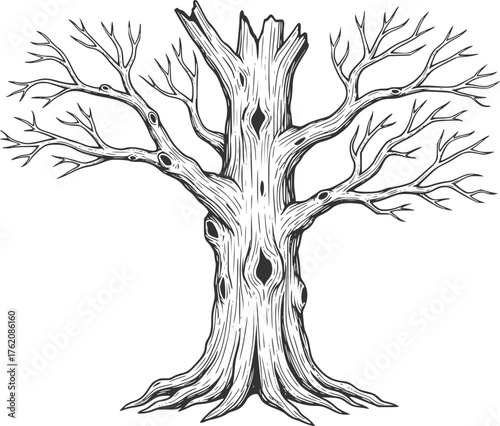 Dead tree sketch, hand drawn style, detailed trunk and bare branches — stock vector

