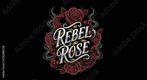 Bold Rebel Rose typography design with skulls and roses, perfect for edgy brands, rock apparel, or tattoo art concepts with dark and romantic vibes