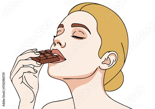 beautiful woman enjoys a chocolate bar radiating bliss Clean lines soft colors and a minimalist aesthetic create a luxurious and inviting mood Perfect for food lifestyle or beauty campaigns