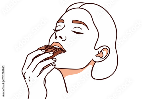 beautiful woman enjoys a chocolate bar radiating bliss Clean lines soft colors and a simple composition create a visually appealing and relaxing scene Perfect for food lifestyle or wellness marketing