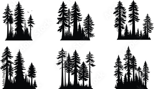 Forest silhouette illustration, conifer trees vector, black pine landscape, nature scene clipart, evergreen woods, wildlife art, minimalioods, wildlife art, minimalist design