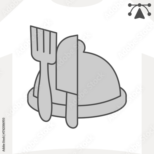 Covered dish and fork with knife isometric icon, dishware concept. Vector graphics. Food sign and editable stroke, outline style icon for mobile or web design.
