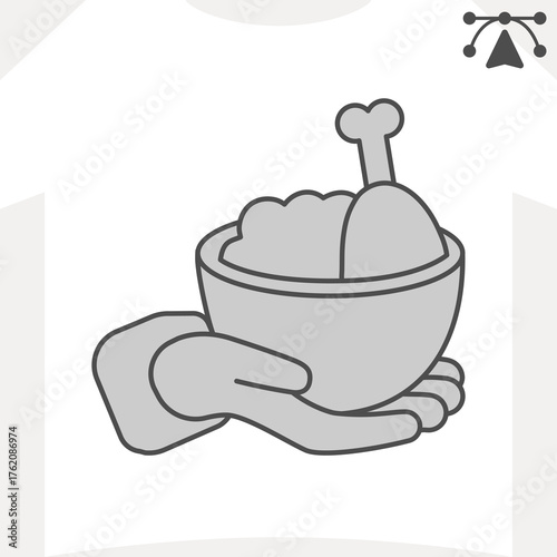 Plate of porridge in hand isometric icon, food assistance concept. Vector graphics. Porridge and chicken dish sign and editable stroke, outline style icon for mobile or web design.